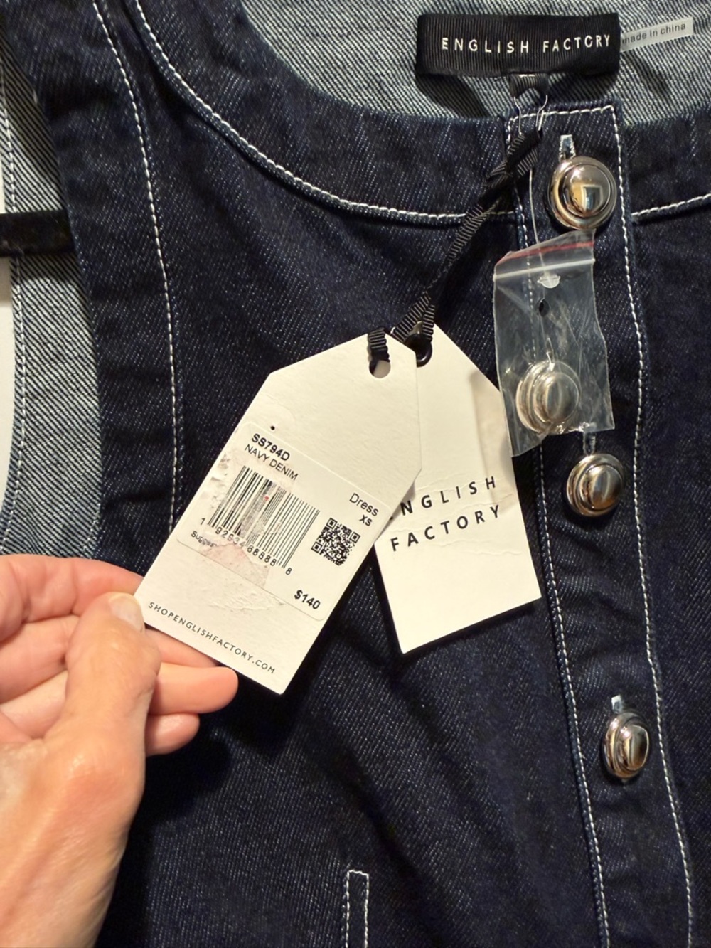English Factory Classic Blue Denim Button-Front Dress with Contrast Stitching - Picture 3 of 6
